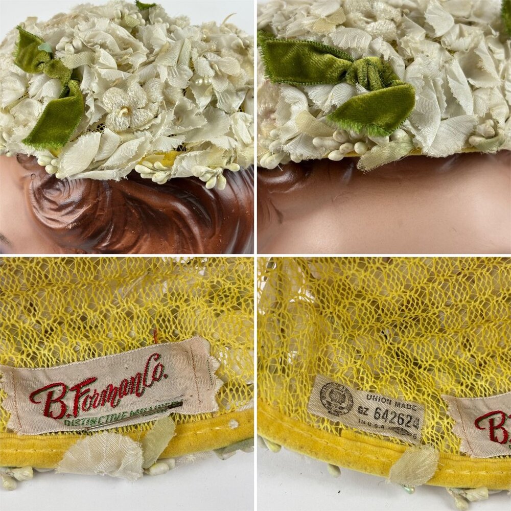 Vintage 50s Floral Hat White Green Bows Formal Round Pillbox B. Forman - Picture 10 of 11